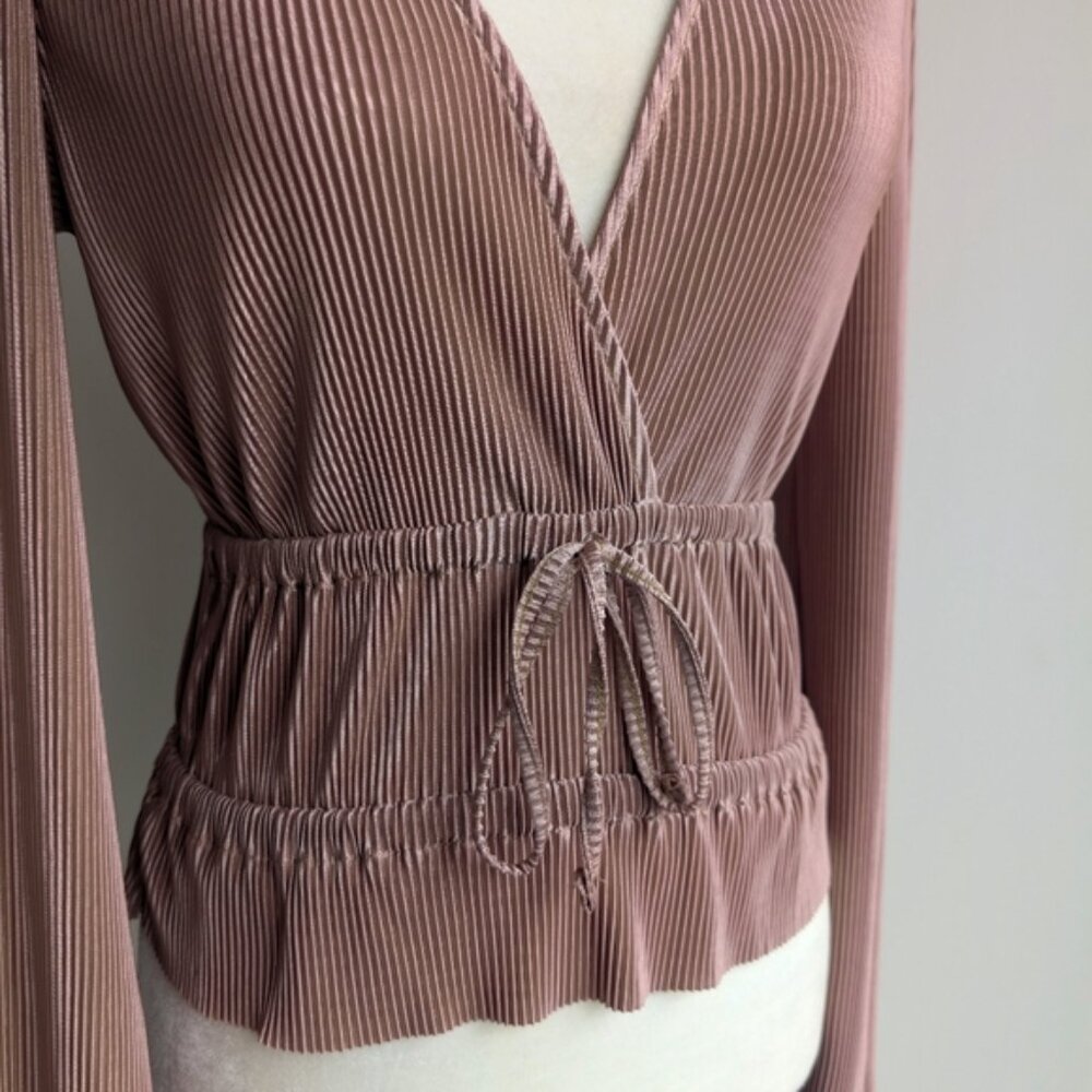 Zara Pleated Plisse Long Sleeve Blouse Dusty Taupe - Picture 2 of 5